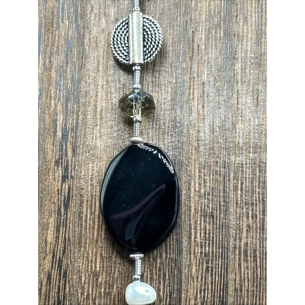 Premier Designs Mother Of Pearl Silver Tone Black Stone Necklace 30”